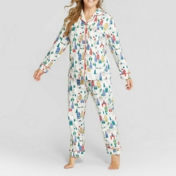 Christmas Village Cotton Flannel Print (2) piece Pajama Set XL - Picture 1 of 7